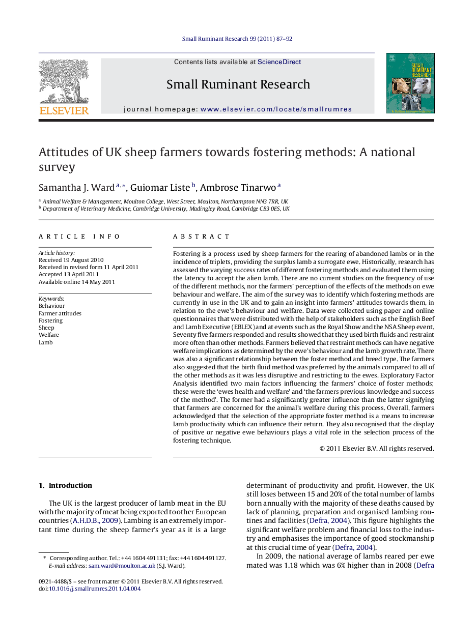 Attitudes of UK sheep farmers towards fostering methods: A national survey