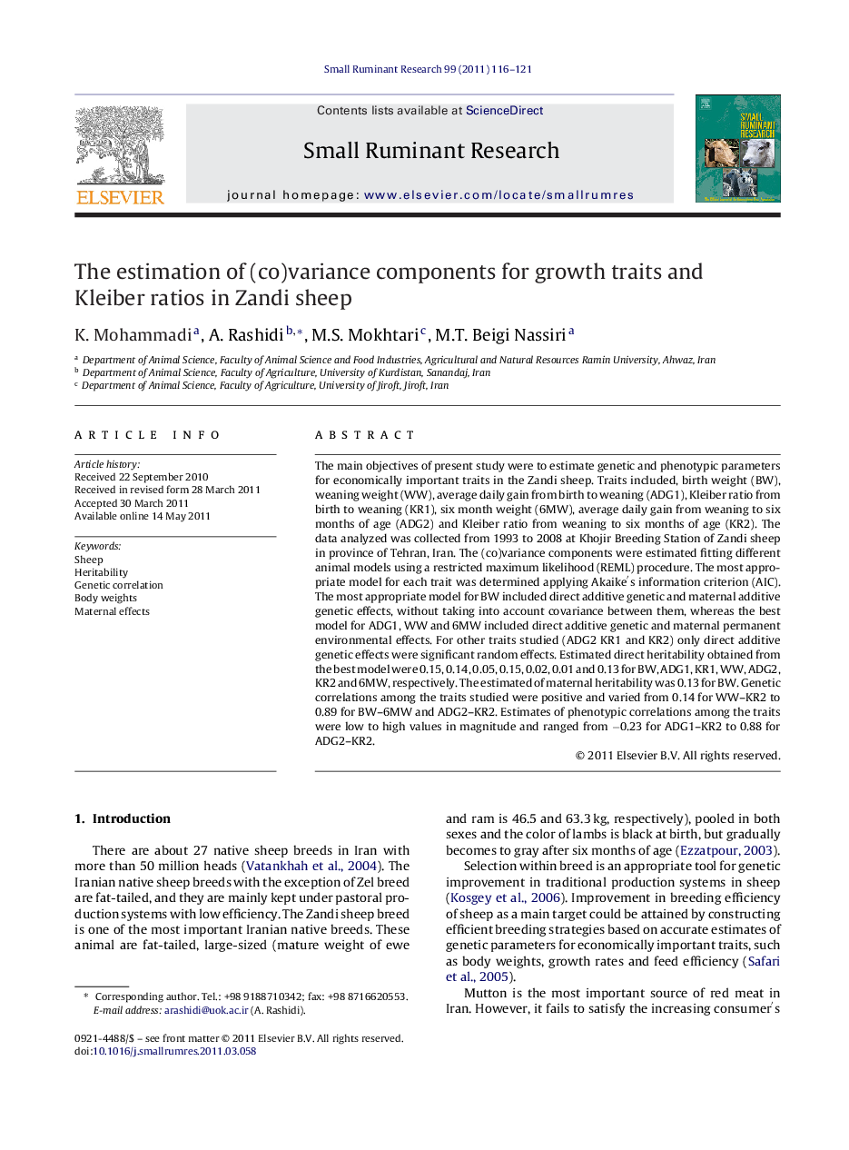 The estimation of (co)variance components for growth traits and Kleiber ratios in Zandi sheep