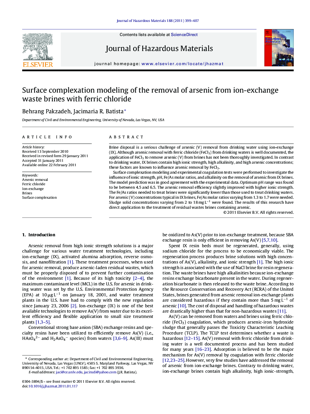 Surface complexation modeling of the removal of arsenic from ion-exchange waste brines with ferric chloride