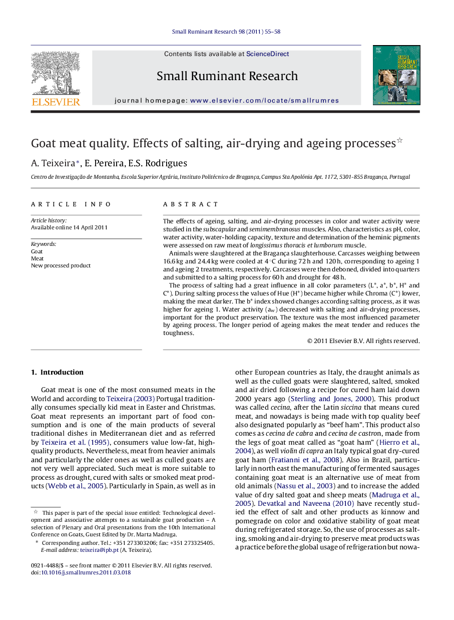 Goat meat quality. Effects of salting, air-drying and ageing processes