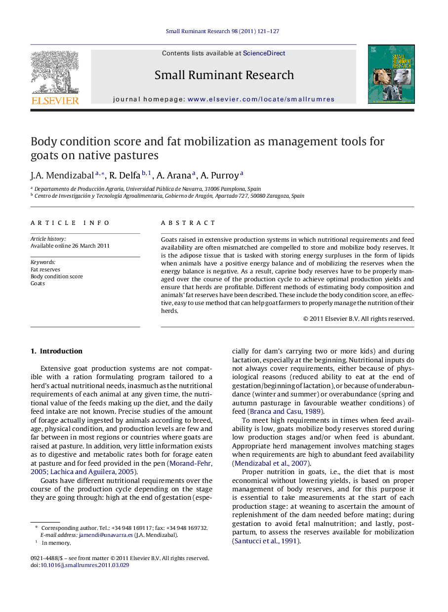 Body condition score and fat mobilization as management tools for goats on native pastures