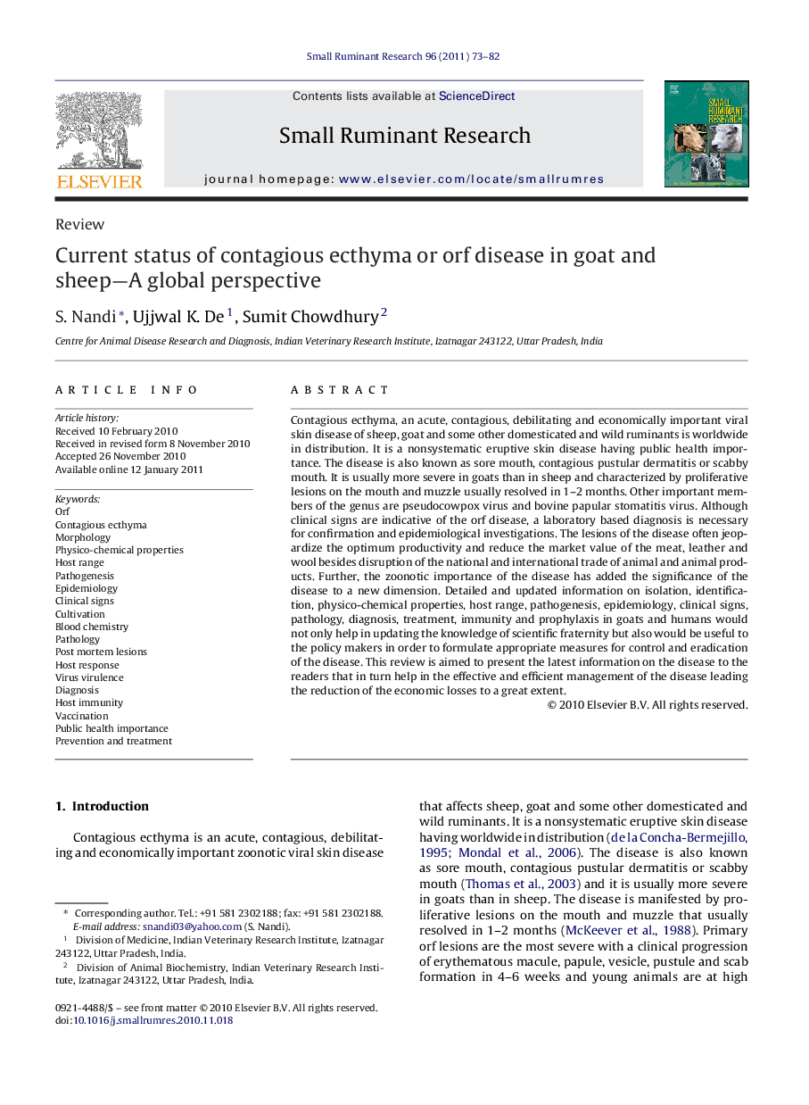 Current status of contagious ecthyma or orf disease in goat and sheep-A global perspective