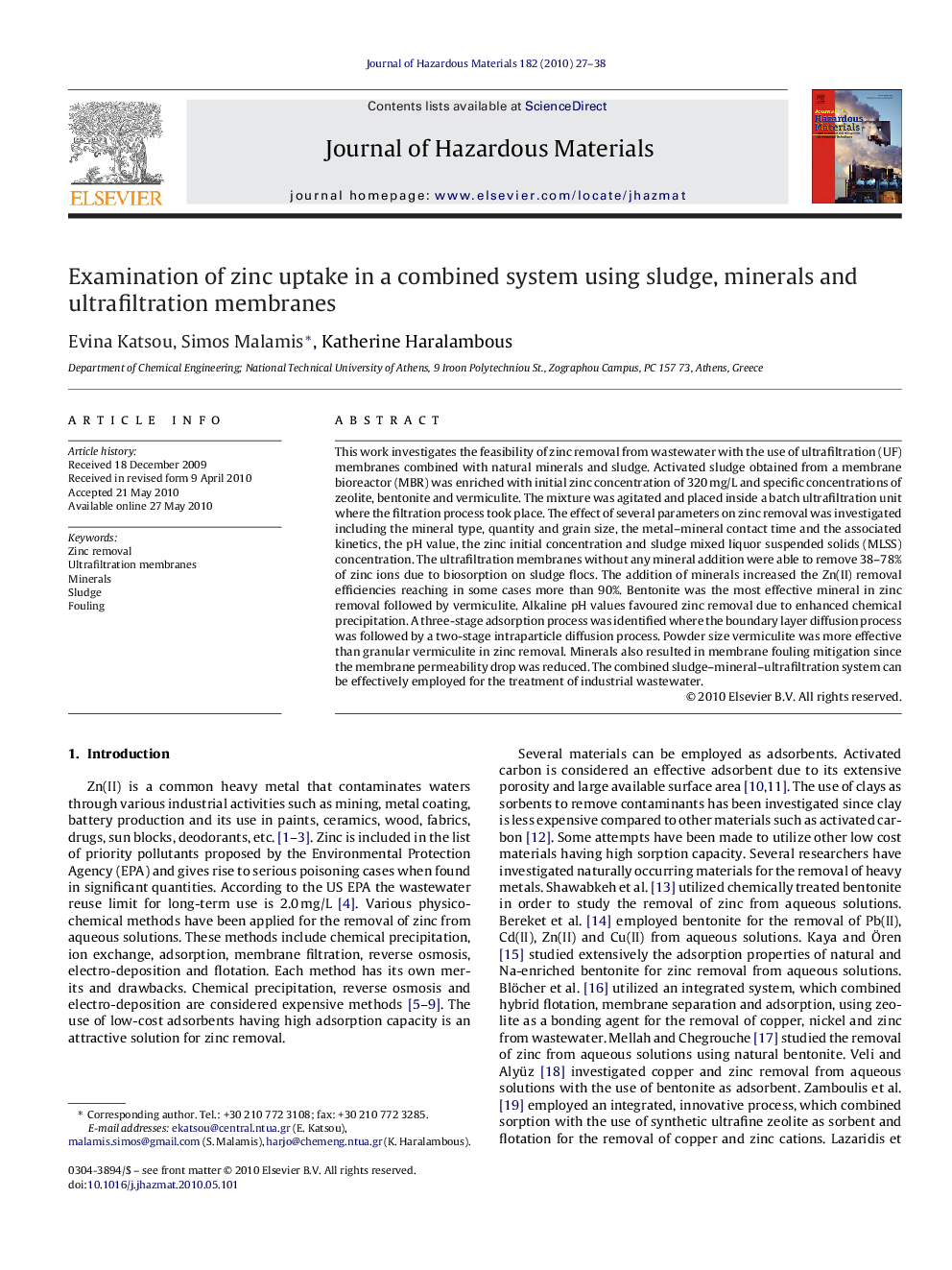 Examination of zinc uptake in a combined system using sludge, minerals and ultrafiltration membranes