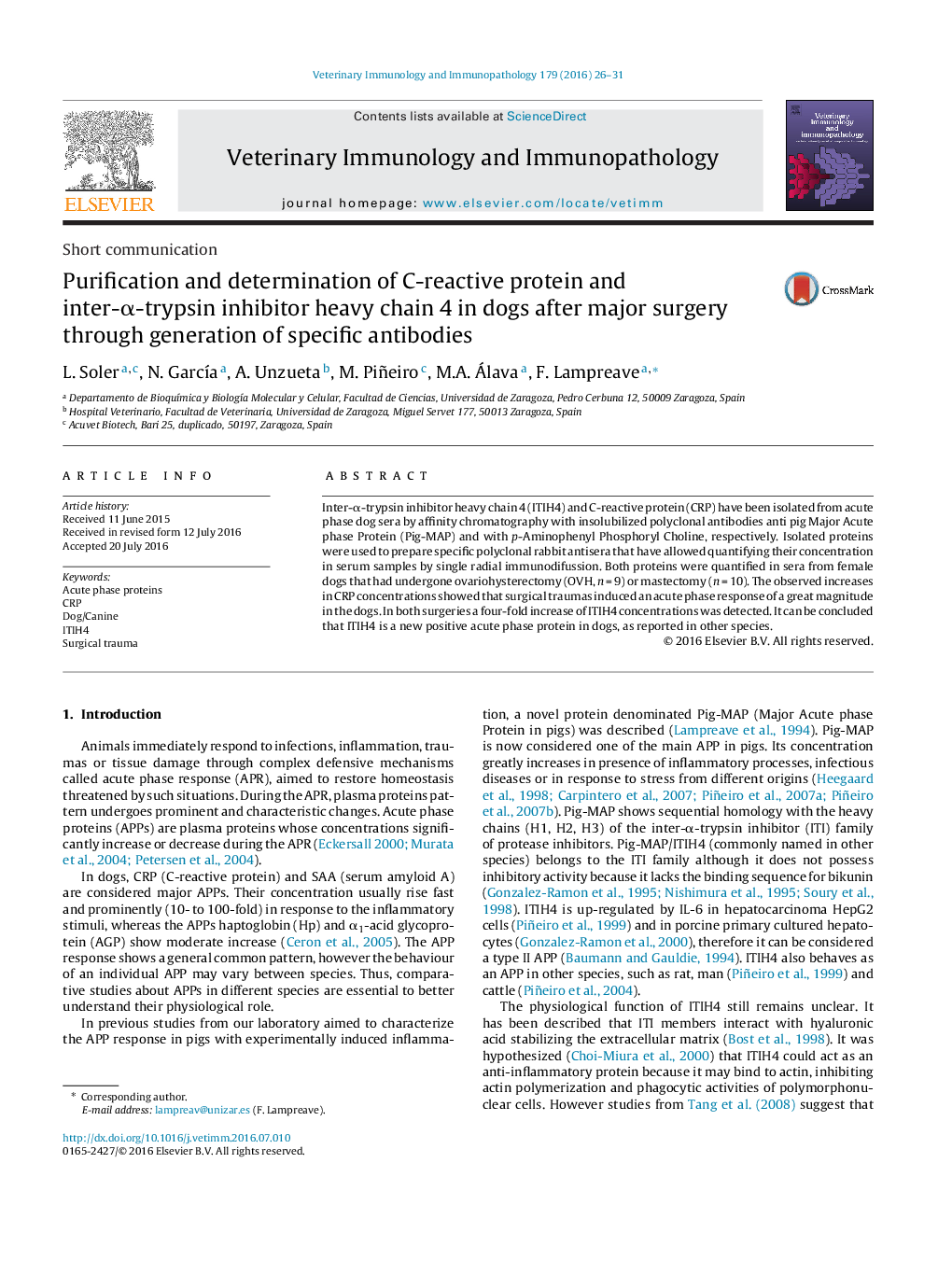 Purification and determination of C-reactive protein and inter-Î±-trypsin inhibitor heavy chain 4 in dogs after major surgery through generation of specific antibodies