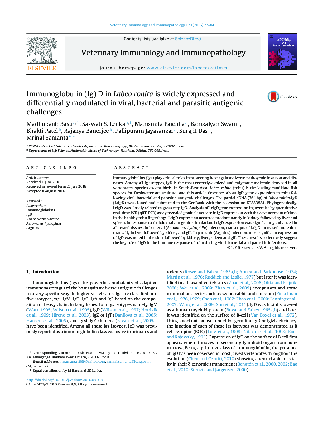 Immunoglobulin (Ig) D in Labeo rohita is widely expressed and differentially modulated in viral, bacterial and parasitic antigenic challenges