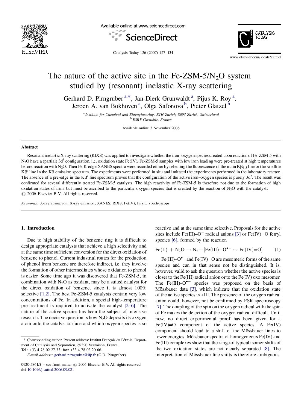 The nature of the active site in the Fe-ZSM-5/N2O system studied by (resonant) inelastic X-ray scattering