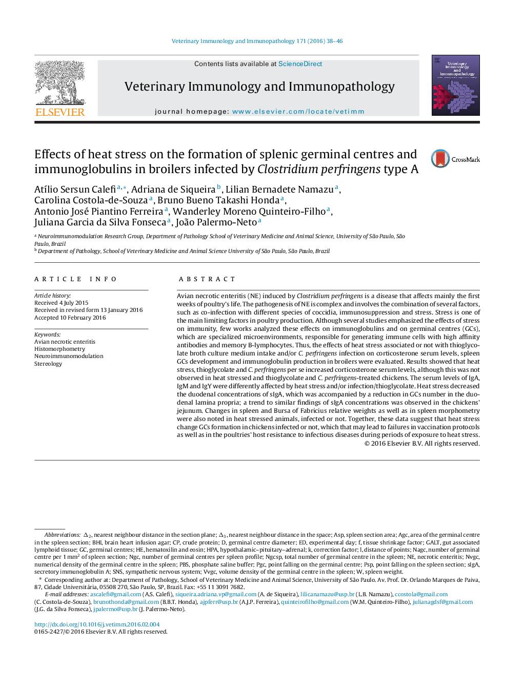 Effects of heat stress on the formation of splenic germinal centres and immunoglobulins in broilers infected by Clostridium perfringens type A