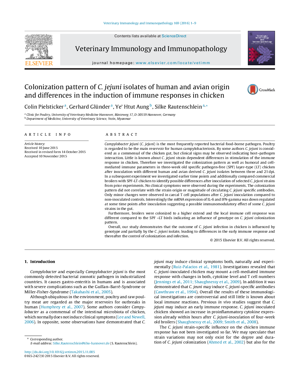 Colonization pattern of C. jejuni isolates of human and avian origin and differences in the induction of immune responses in chicken