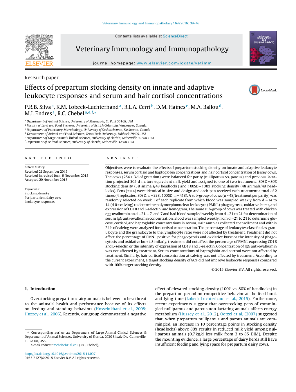 Effects of prepartum stocking density on innate and adaptive leukocyte responses and serum and hair cortisol concentrations