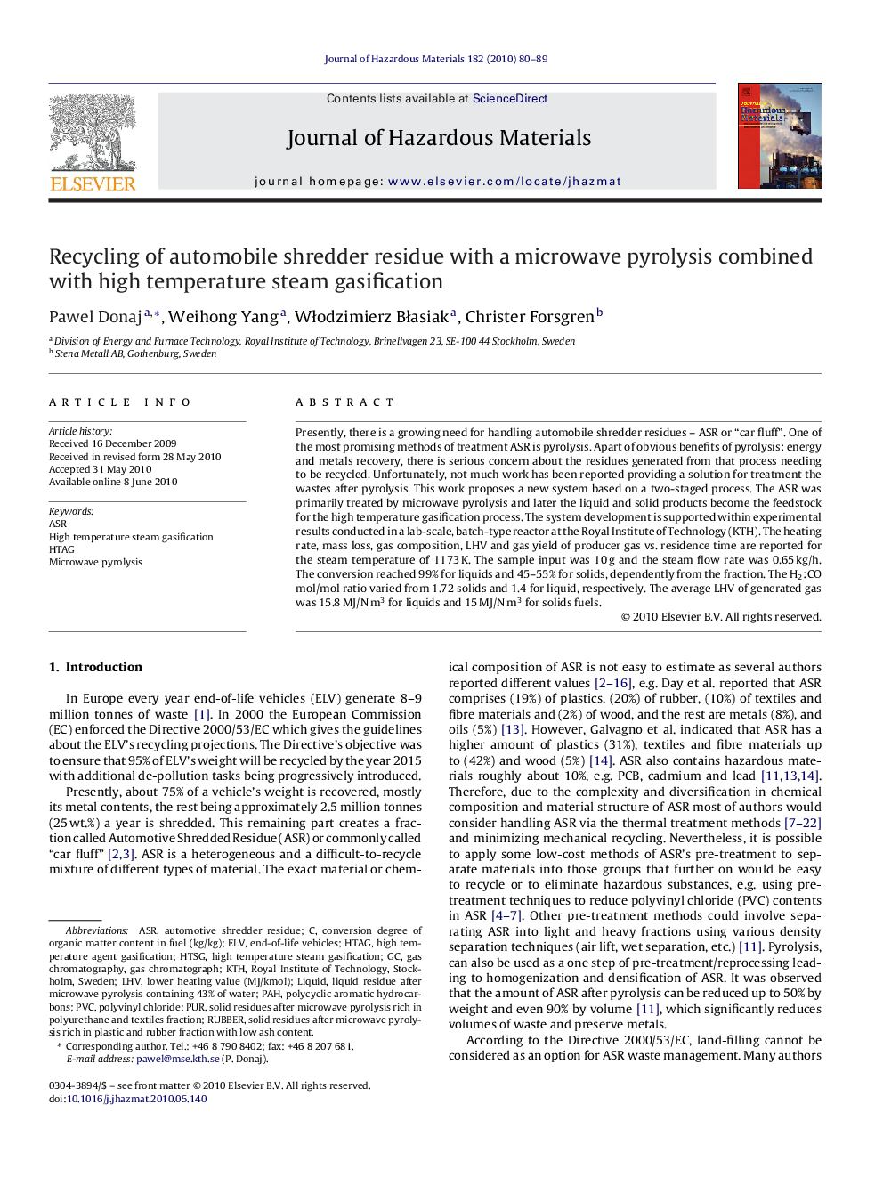 عکس صفحه اول مقاله: Recycling of automobile shredder residue with a microwave pyrolysis combined with high temperature steam gasification Recycling of automobile shredder residue with a microwave pyrolysis combined with high temperature steam gasification