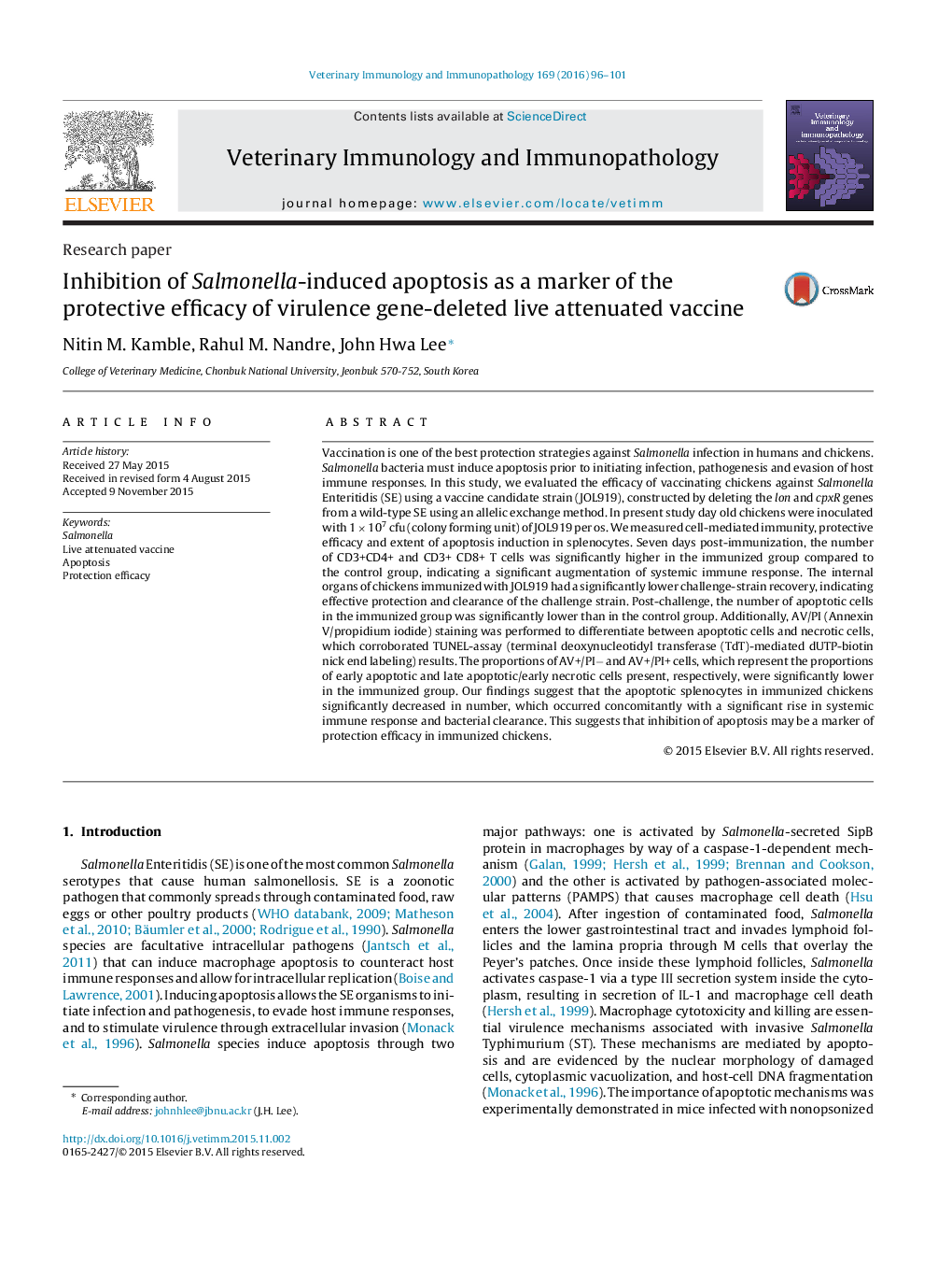 Inhibition of Salmonella-induced apoptosis as a marker of the protective efficacy of virulence gene-deleted live attenuated vaccine