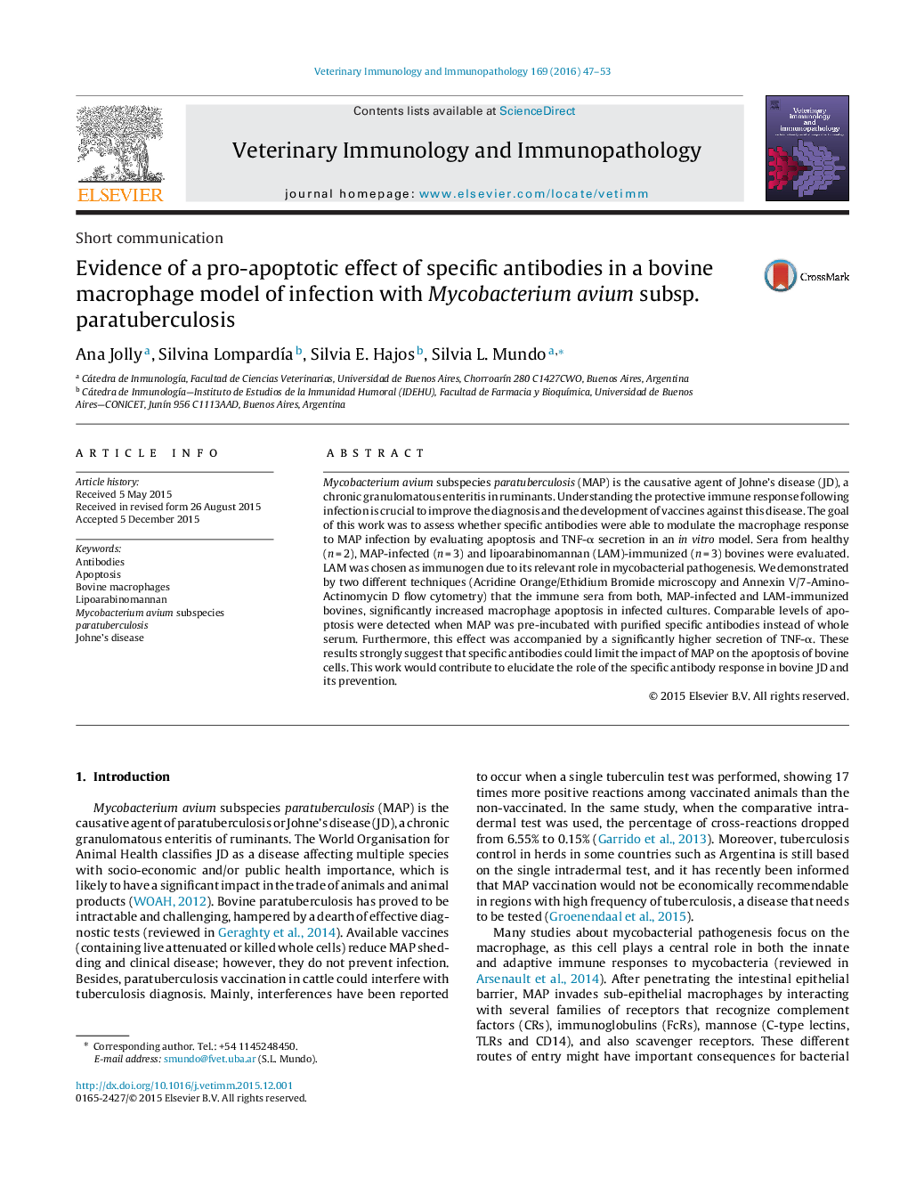 Evidence of a pro-apoptotic effect of specific antibodies in a bovine macrophage model of infection with Mycobacterium avium subsp. paratuberculosis