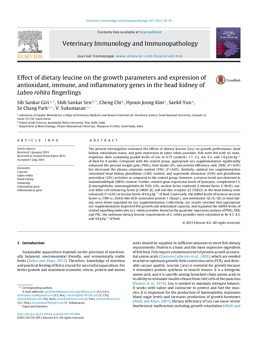 Effect of dietary leucine on the growth parameters and expression of antioxidant, immune, and inflammatory genes in the head kidney of Labeo rohita fingerlings