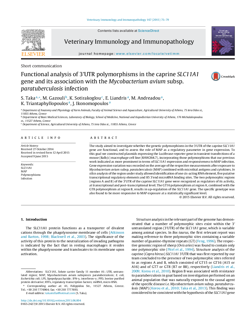 Functional analysis of 3'UTR polymorphisms in the caprine SLC11A1 gene and its association with the Mycobacterium avium subsp. paratuberculosis infection