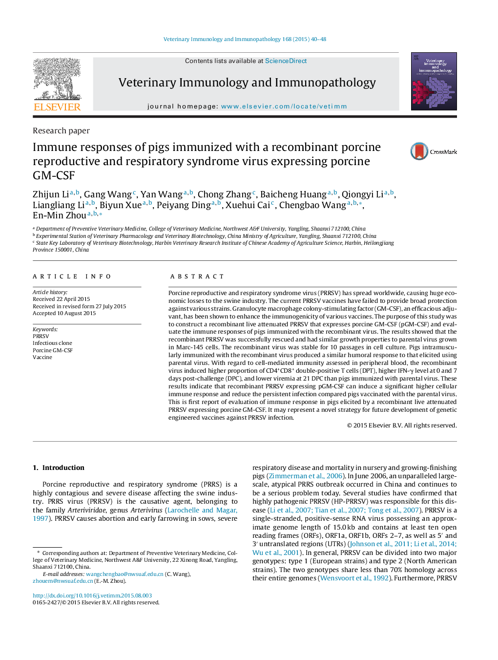 Immune responses of pigs immunized with a recombinant porcine reproductive and respiratory syndrome virus expressing porcine GM-CSF