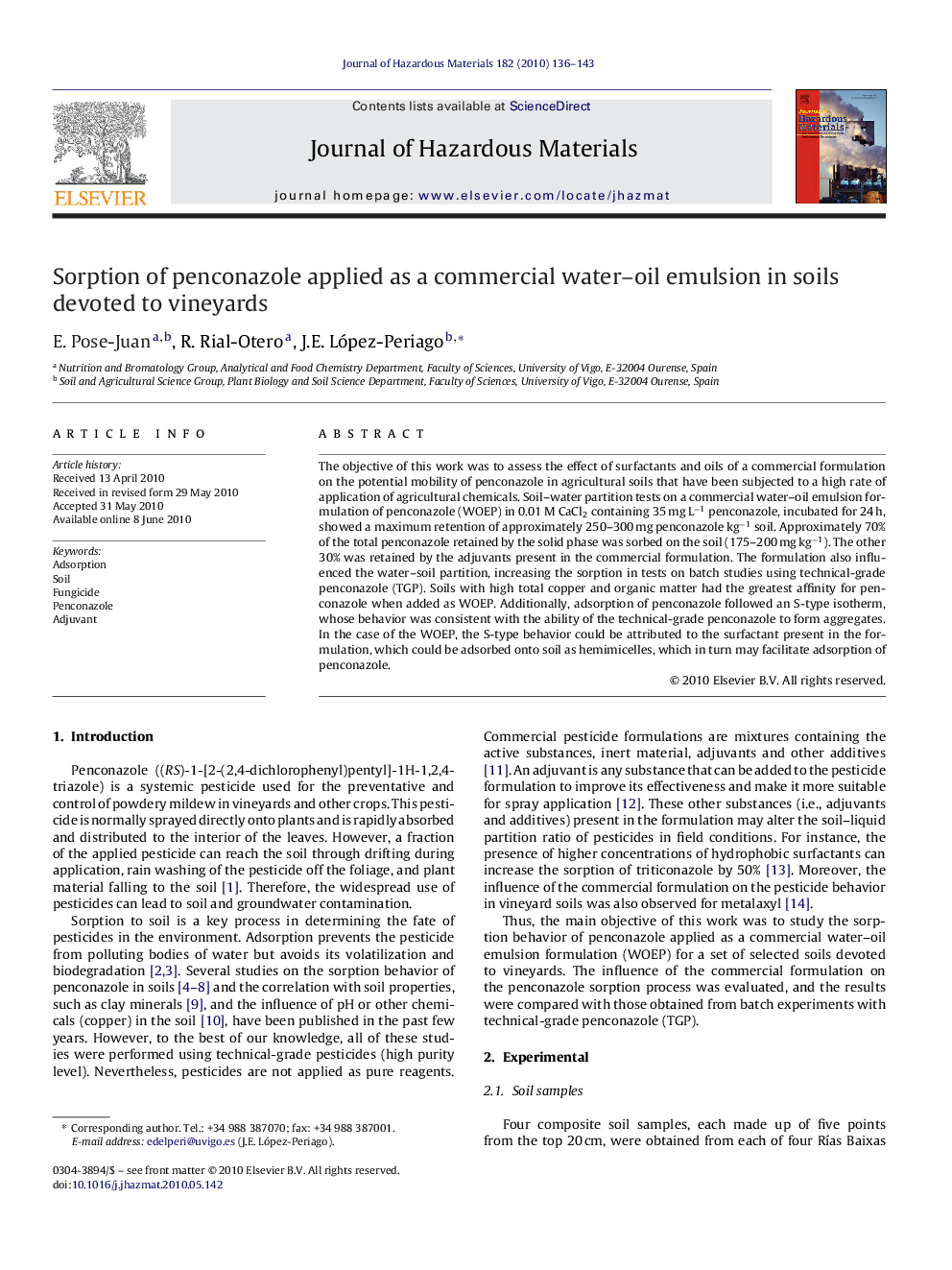 Sorption of penconazole applied as a commercial water-oil emulsion in soils devoted to vineyards