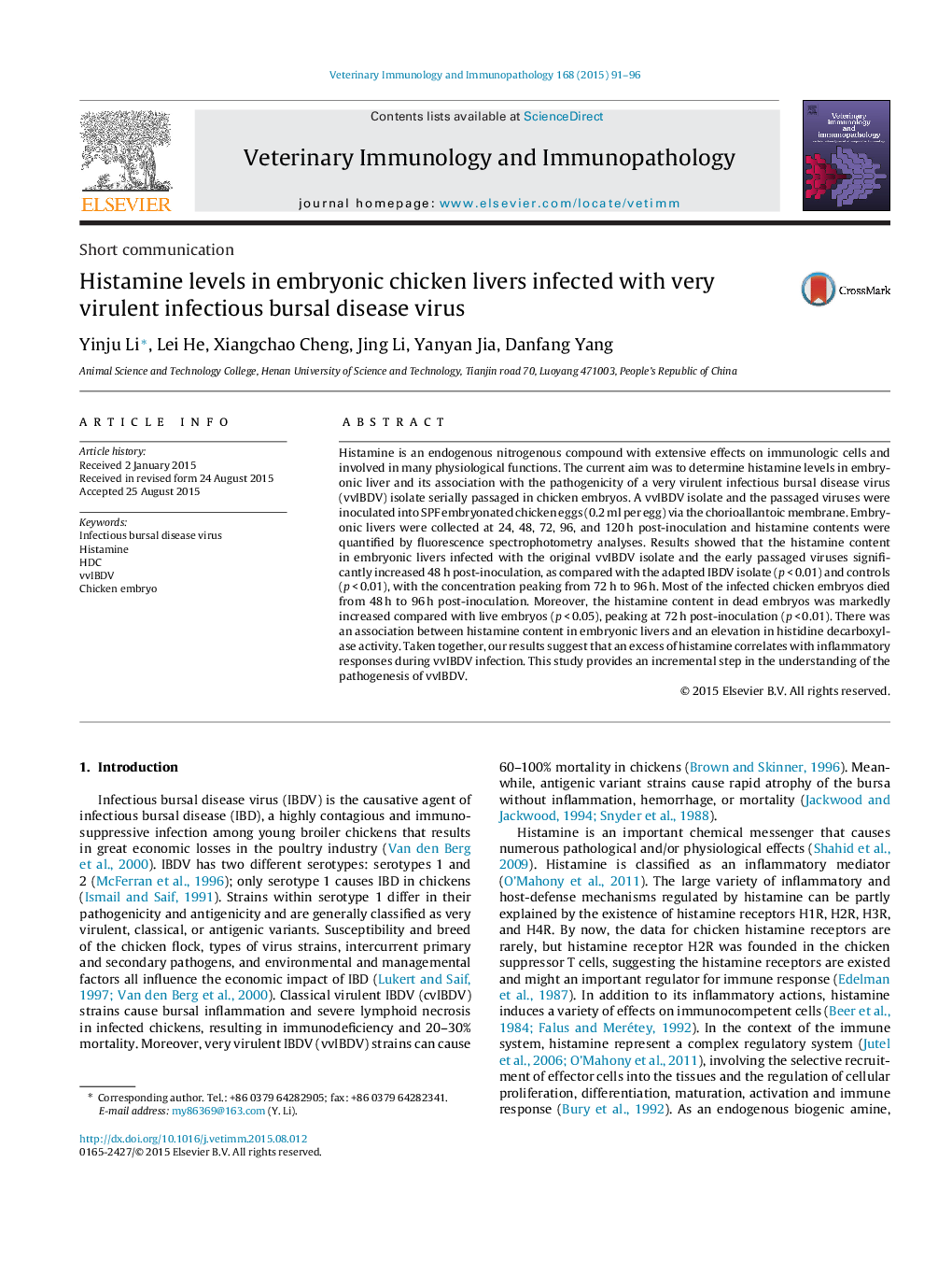 Histamine levels in embryonic chicken livers infected with very virulent infectious bursal disease virus