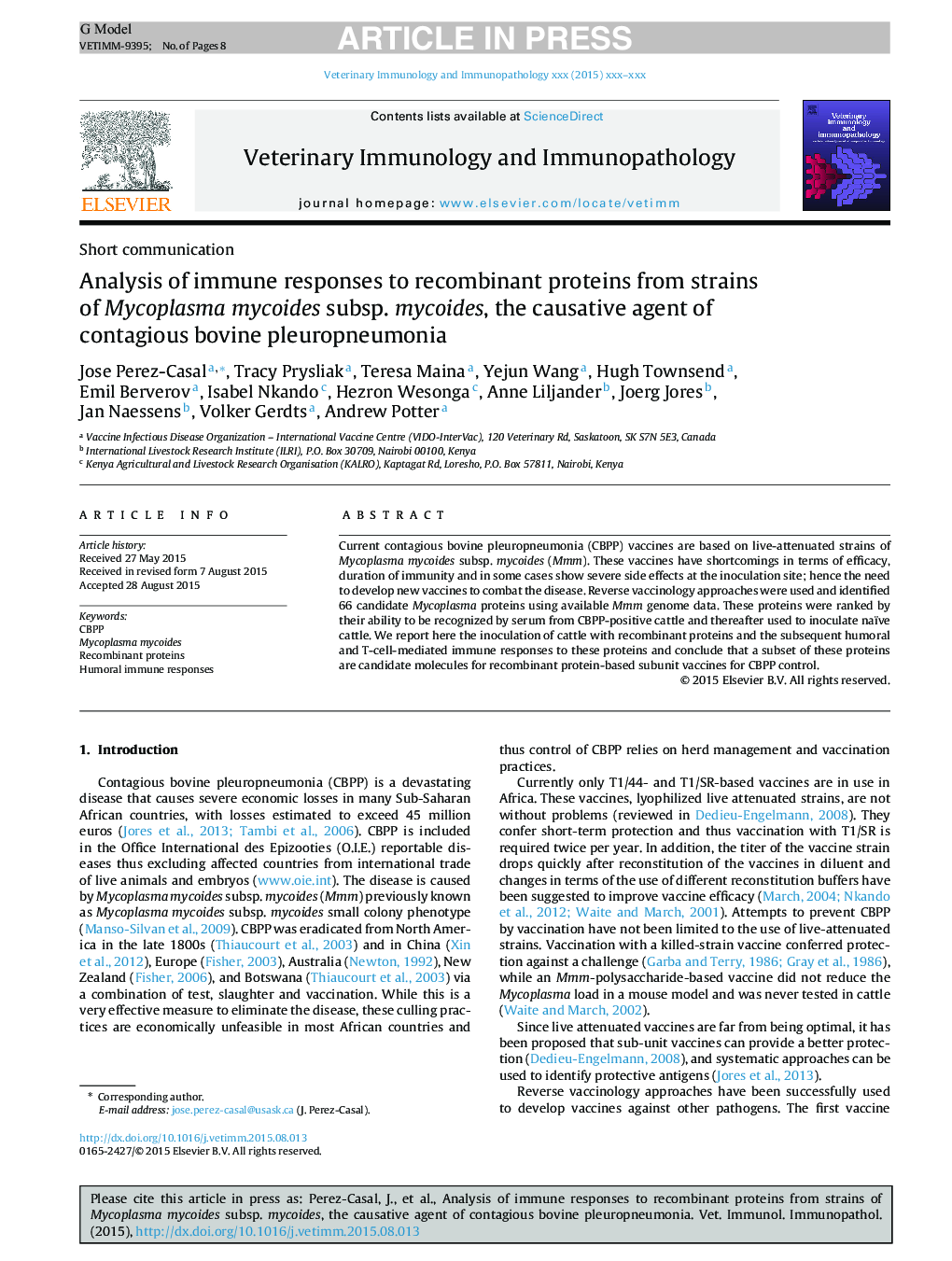 Analysis of immune responses to recombinant proteins from strains of Mycoplasma mycoides subsp. mycoides, the causative agent of contagious bovine pleuropneumonia