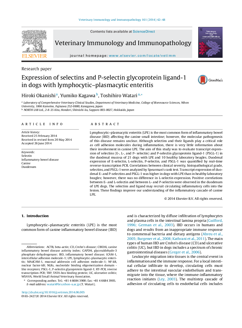 Expression of selectins and P-selectin glycoprotein ligand-1 in dogs with lymphocytic-plasmacytic enteritis