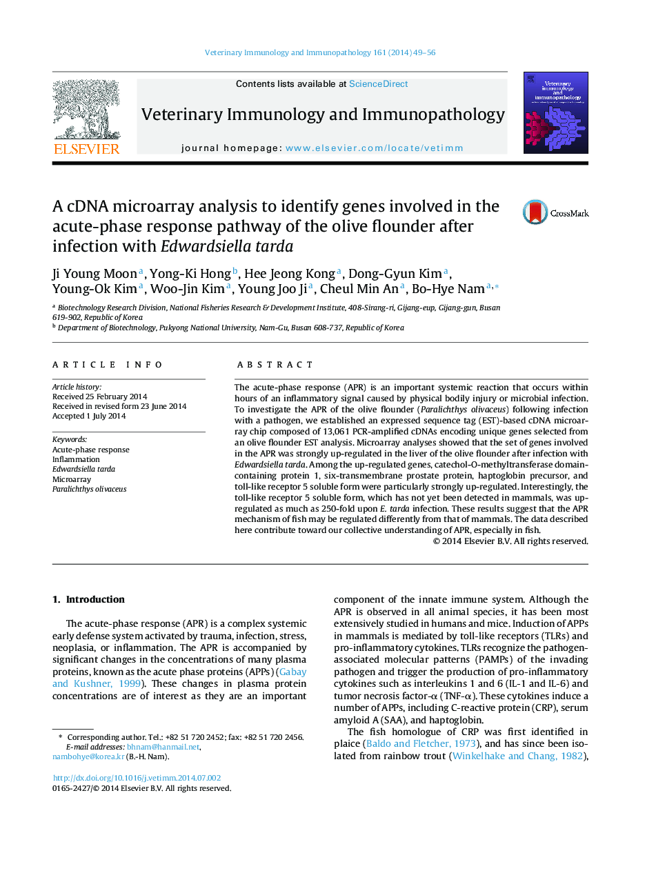 A cDNA microarray analysis to identify genes involved in the acute-phase response pathway of the olive flounder after infection with Edwardsiella tarda