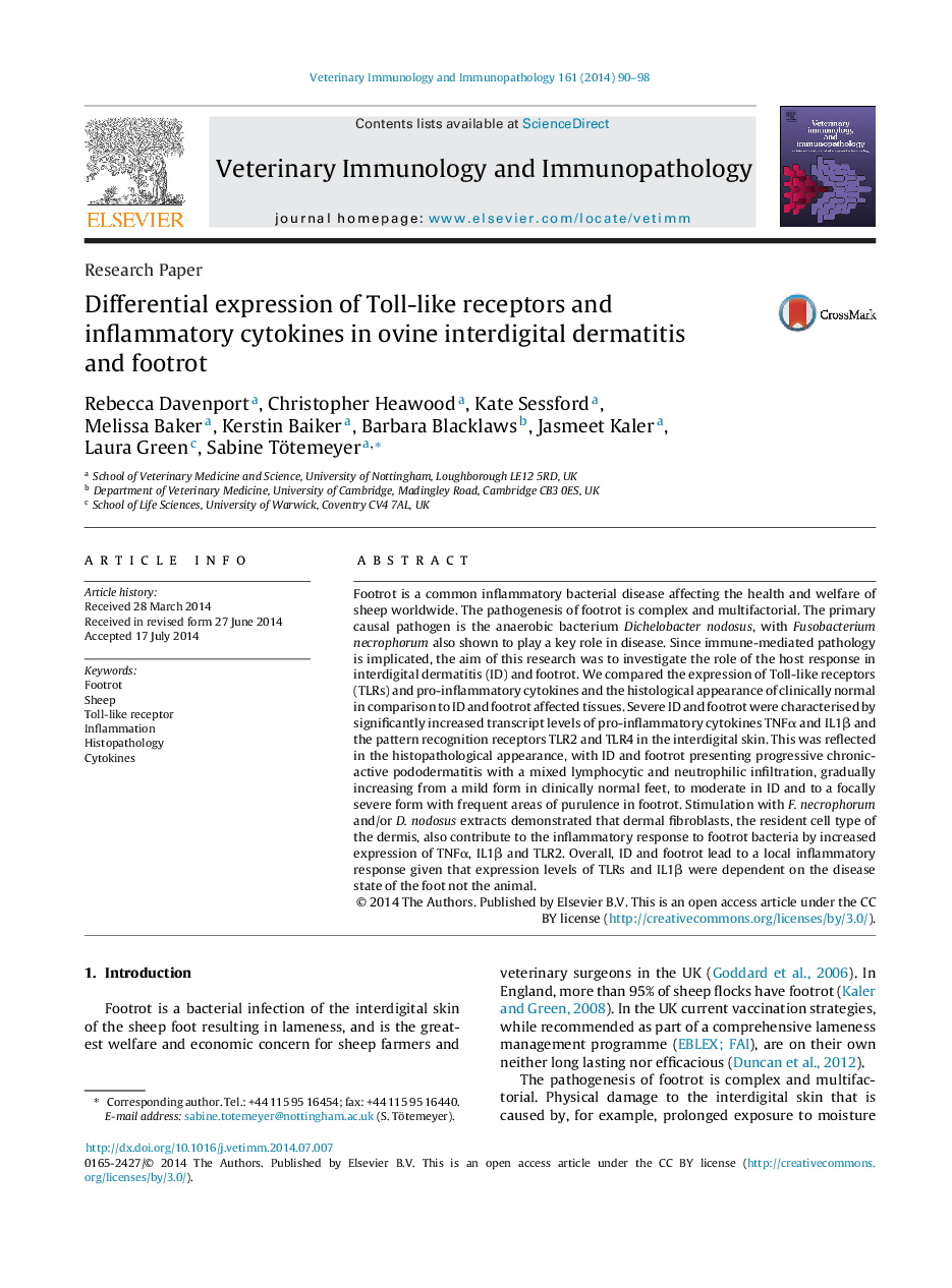 Differential expression of Toll-like receptors and inflammatory cytokines in ovine interdigital dermatitis and footrot