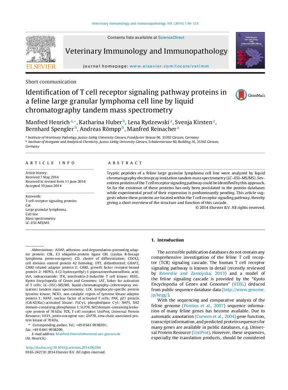 Identification of T cell receptor signaling pathway proteins in a feline large granular lymphoma cell line by liquid chromatography tandem mass spectrometry