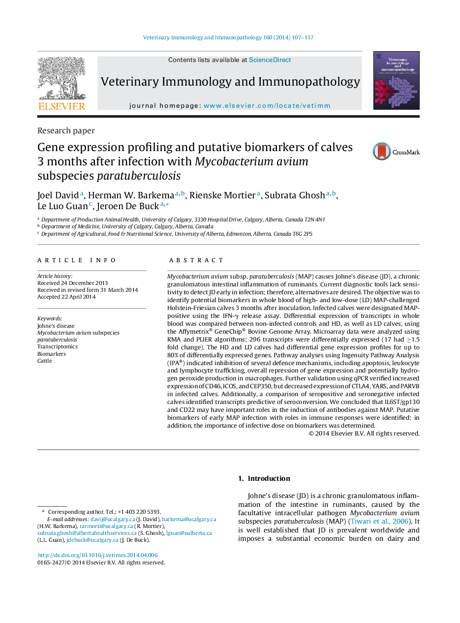 Gene expression profiling and putative biomarkers of calves 3 months after infection with Mycobacterium avium subspecies paratuberculosis