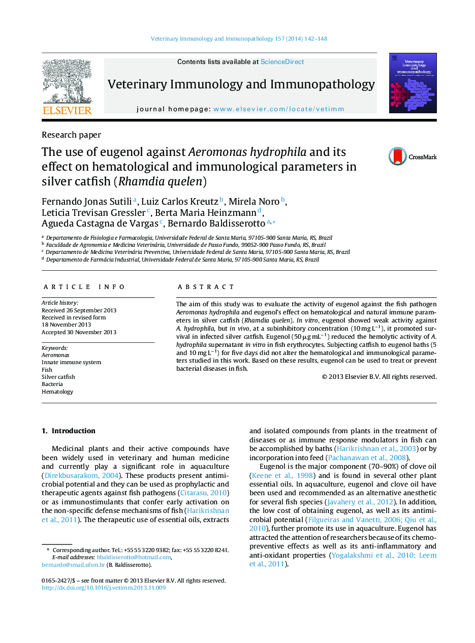 The use of eugenol against Aeromonas hydrophila and its effect on hematological and immunological parameters in silver catfish (Rhamdia quelen)