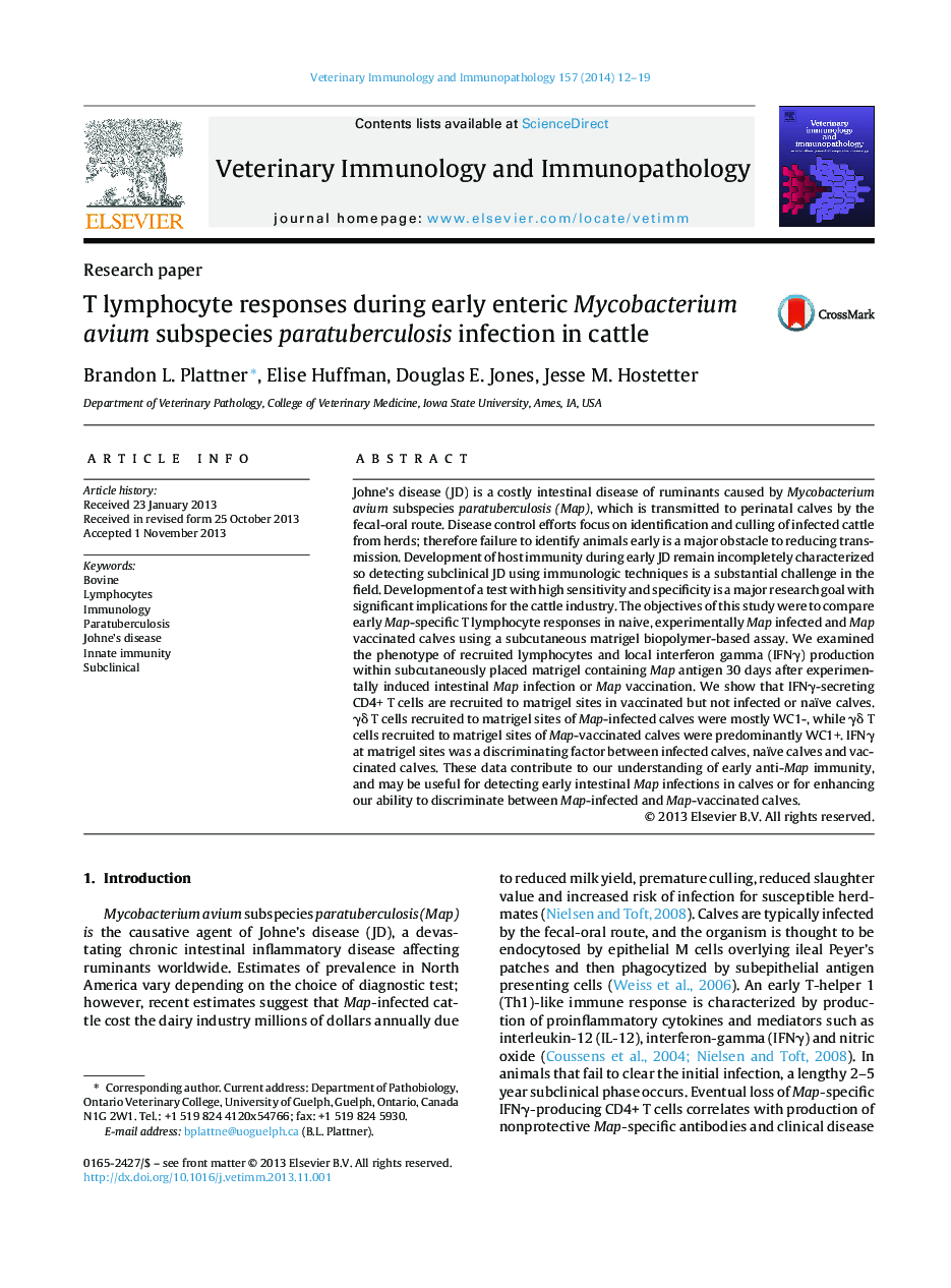 T lymphocyte responses during early enteric Mycobacterium avium subspecies paratuberculosis infection in cattle
