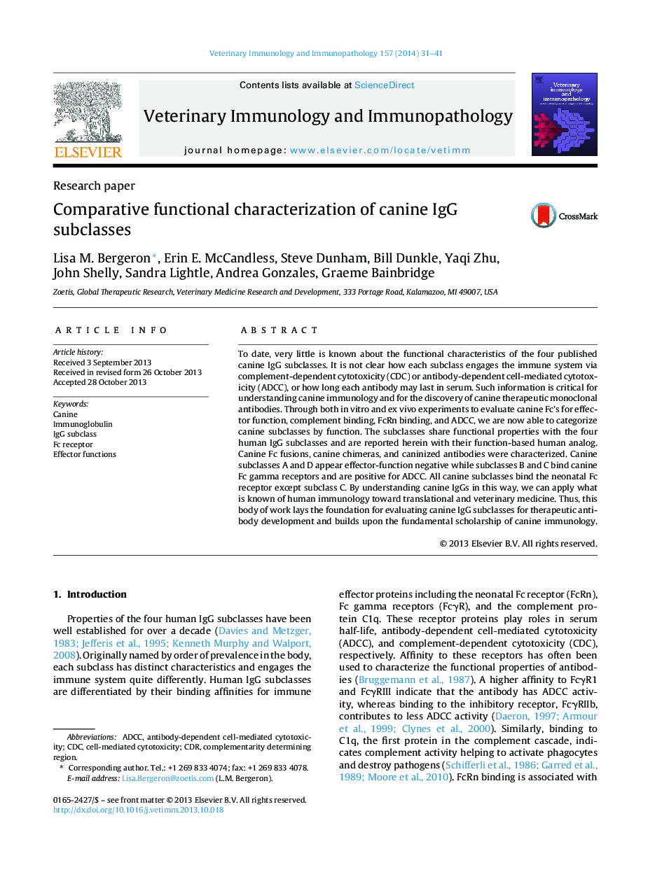 Comparative functional characterization of canine IgG subclasses