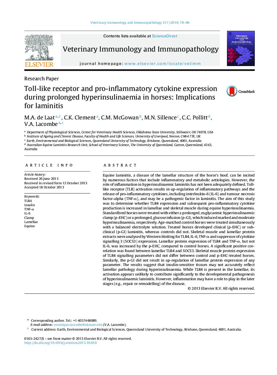 Toll-like receptor and pro-inflammatory cytokine expression during prolonged hyperinsulinaemia in horses: Implications for laminitis