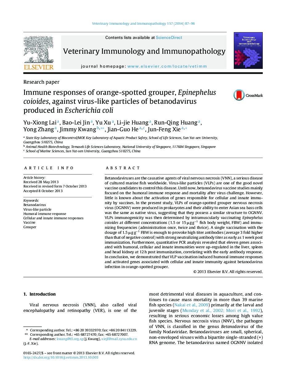 Immune responses of orange-spotted grouper, Epinephelus coioides, against virus-like particles of betanodavirus produced in Escherichia coli