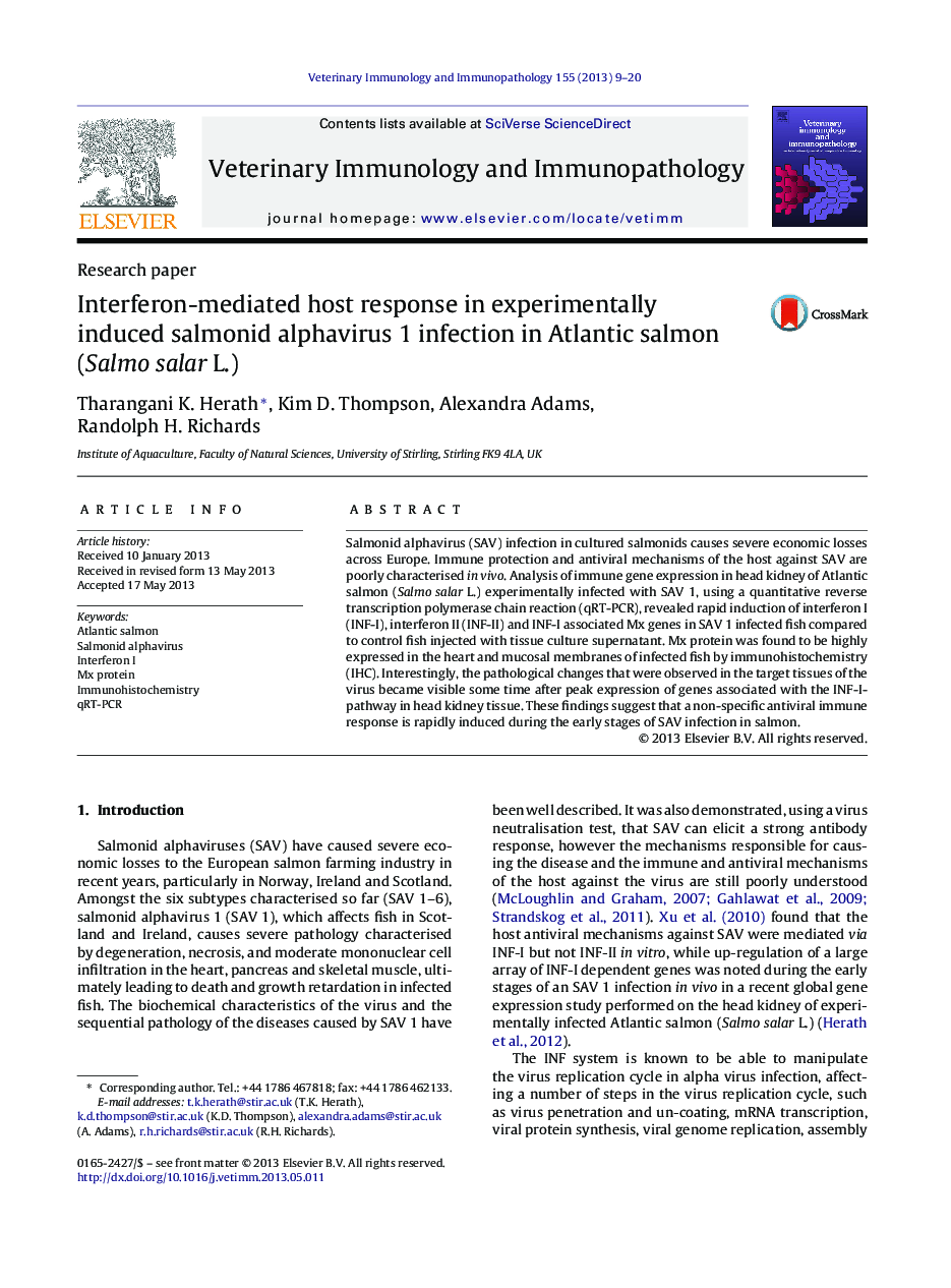 Interferon-mediated host response in experimentally induced salmonid alphavirus 1 infection in Atlantic salmon (Salmo salar L.)