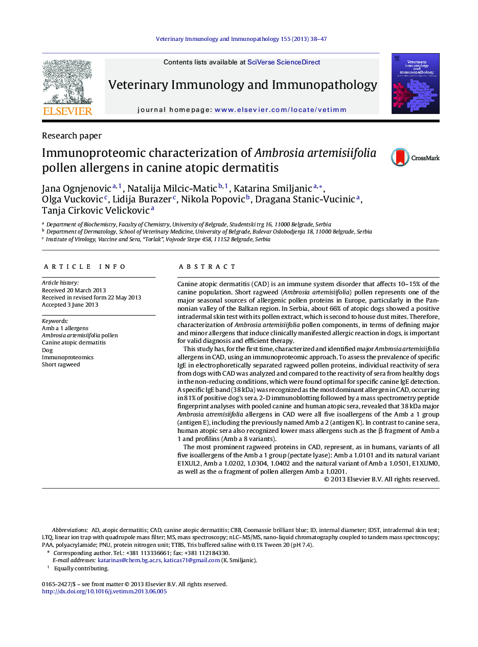 Immunoproteomic characterization of Ambrosia artemisiifolia pollen allergens in canine atopic dermatitis