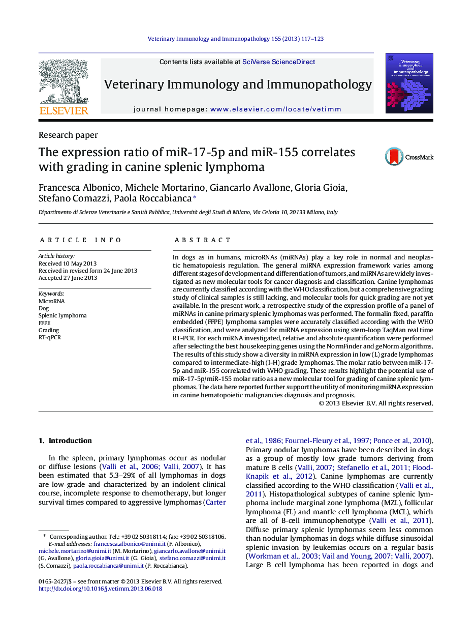 The expression ratio of miR-17-5p and miR-155 correlates with grading in canine splenic lymphoma