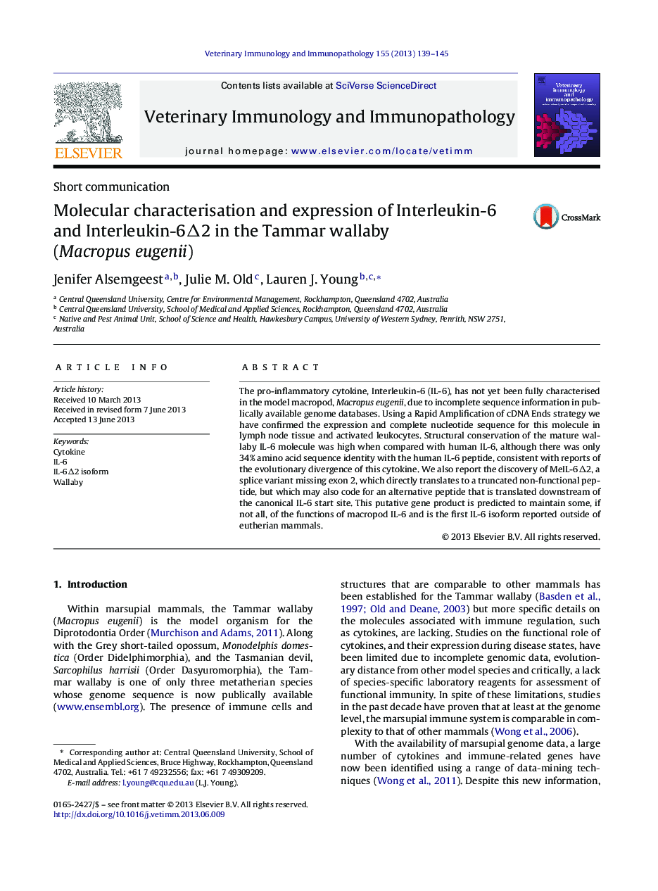 Molecular characterisation and expression of Interleukin-6 and Interleukin-6Î2 in the Tammar wallaby (Macropus eugenii)