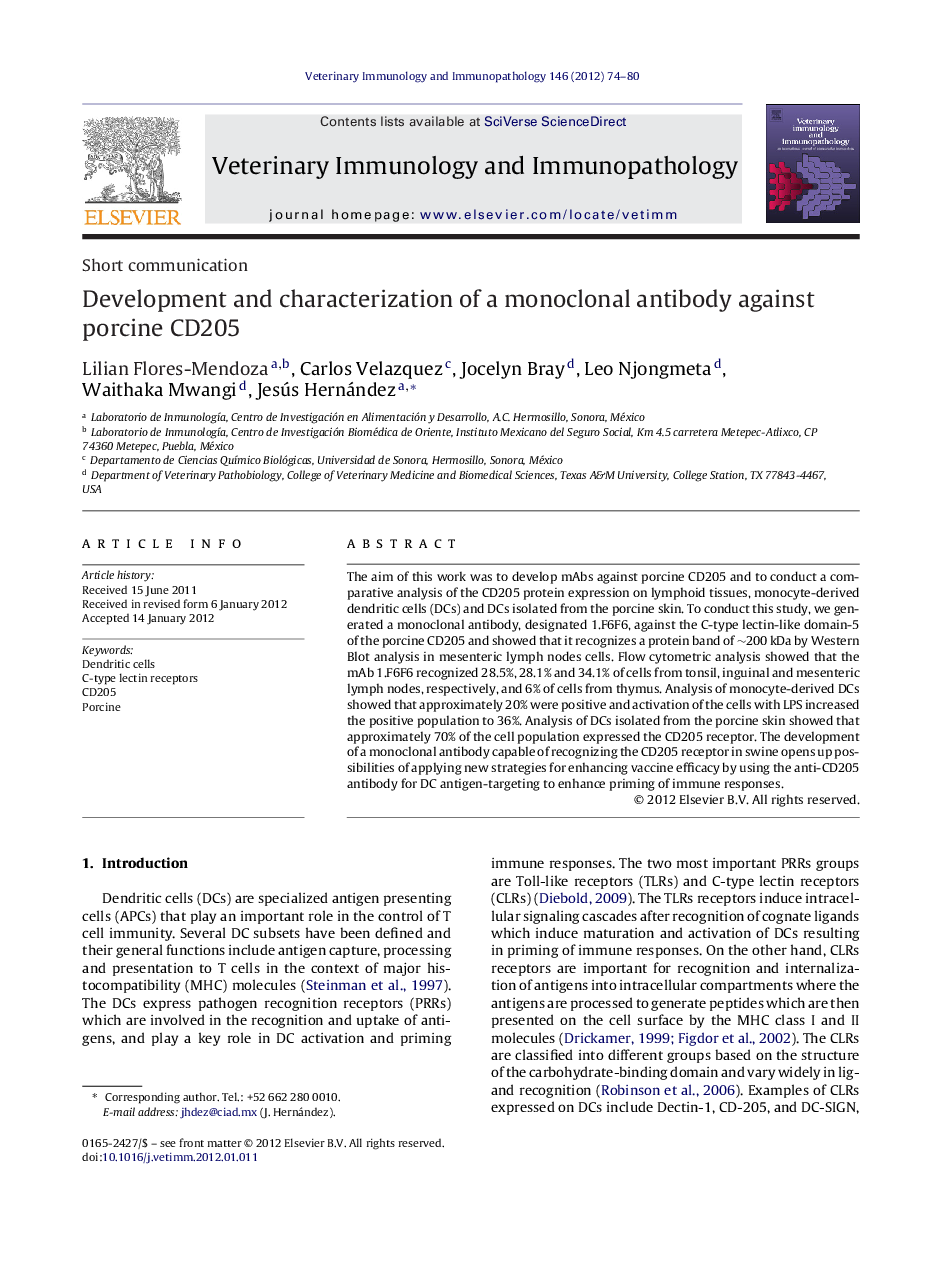 Development and characterization of a monoclonal antibody against porcine CD205