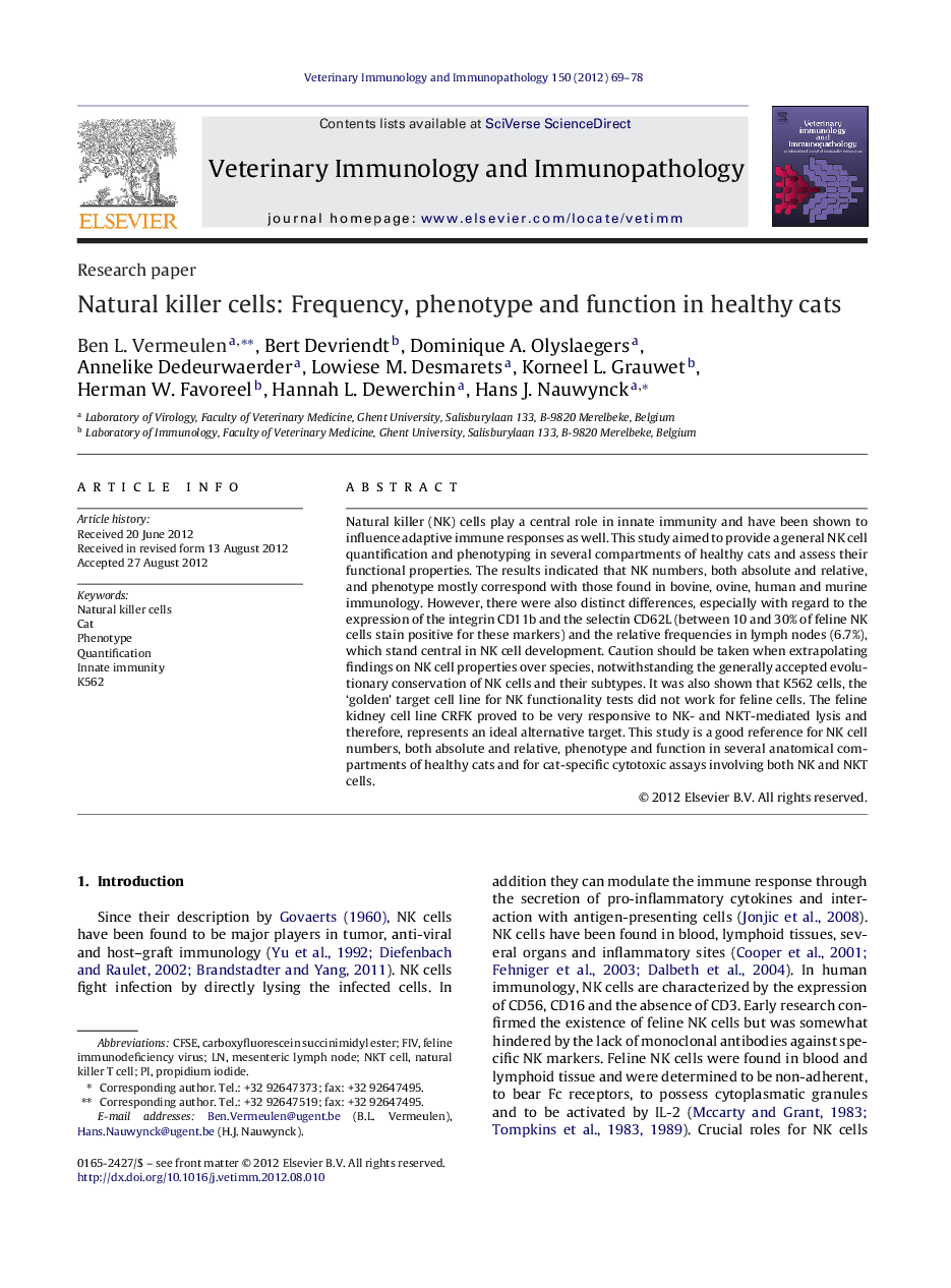 Natural killer cells: Frequency, phenotype and function in healthy cats