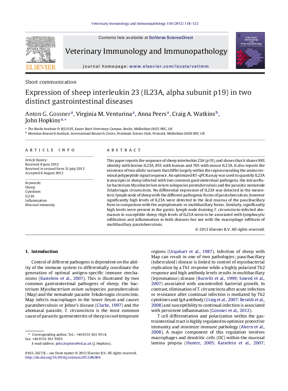 Expression of sheep interleukin 23 (IL23A, alpha subunit p19) in two distinct gastrointestinal diseases