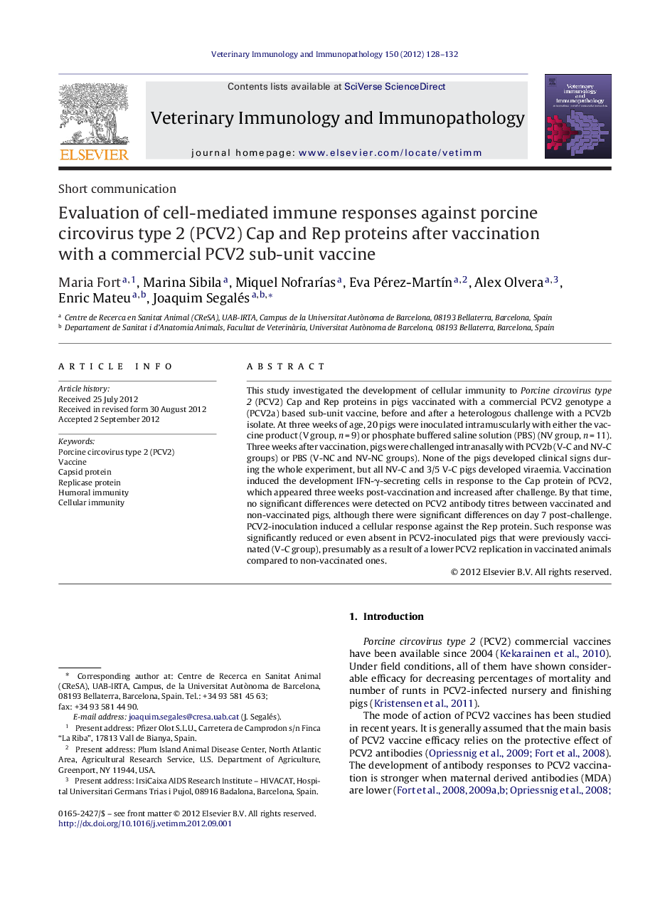 Evaluation of cell-mediated immune responses against porcine circovirus type 2 (PCV2) Cap and Rep proteins after vaccination with a commercial PCV2 sub-unit vaccine