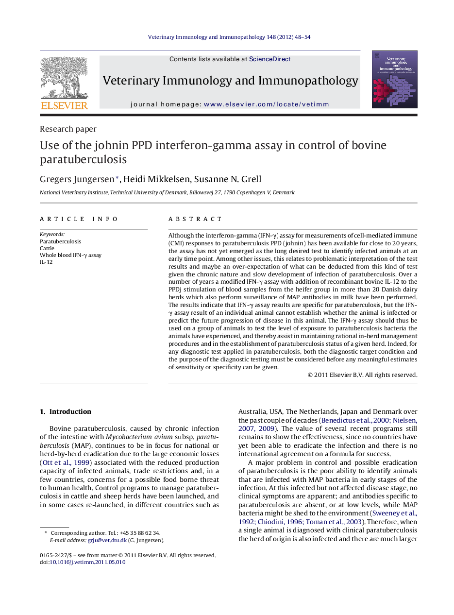 Use of the johnin PPD interferon-gamma assay in control of bovine paratuberculosis