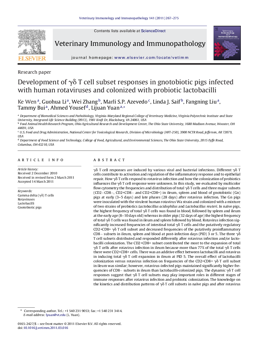 Development of Î³Î´ T cell subset responses in gnotobiotic pigs infected with human rotaviruses and colonized with probiotic lactobacilli