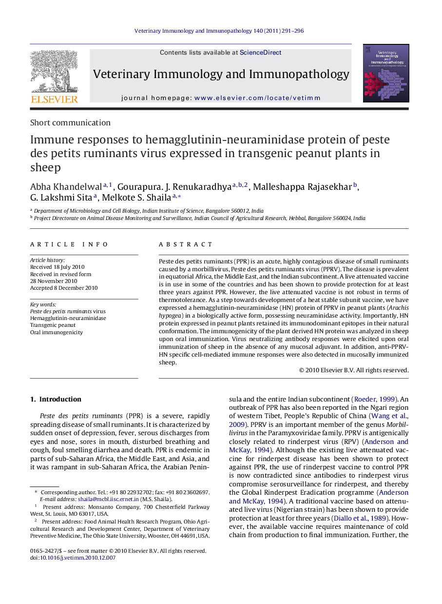 Immune responses to hemagglutinin-neuraminidase protein of peste des petits ruminants virus expressed in transgenic peanut plants in sheep