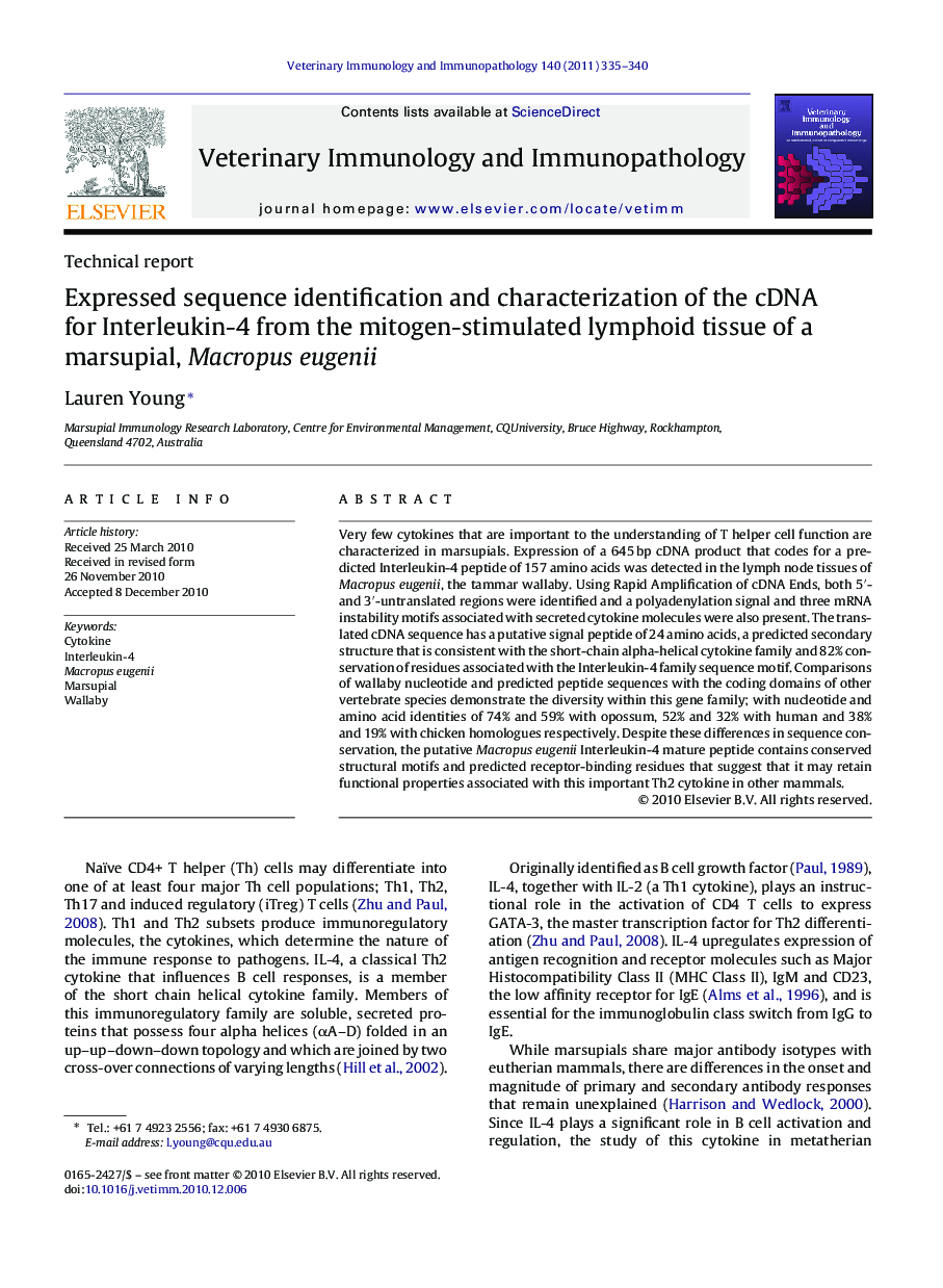 Expressed sequence identification and characterization of the cDNA for Interleukin-4 from the mitogen-stimulated lymphoid tissue of a marsupial, Macropus eugenii