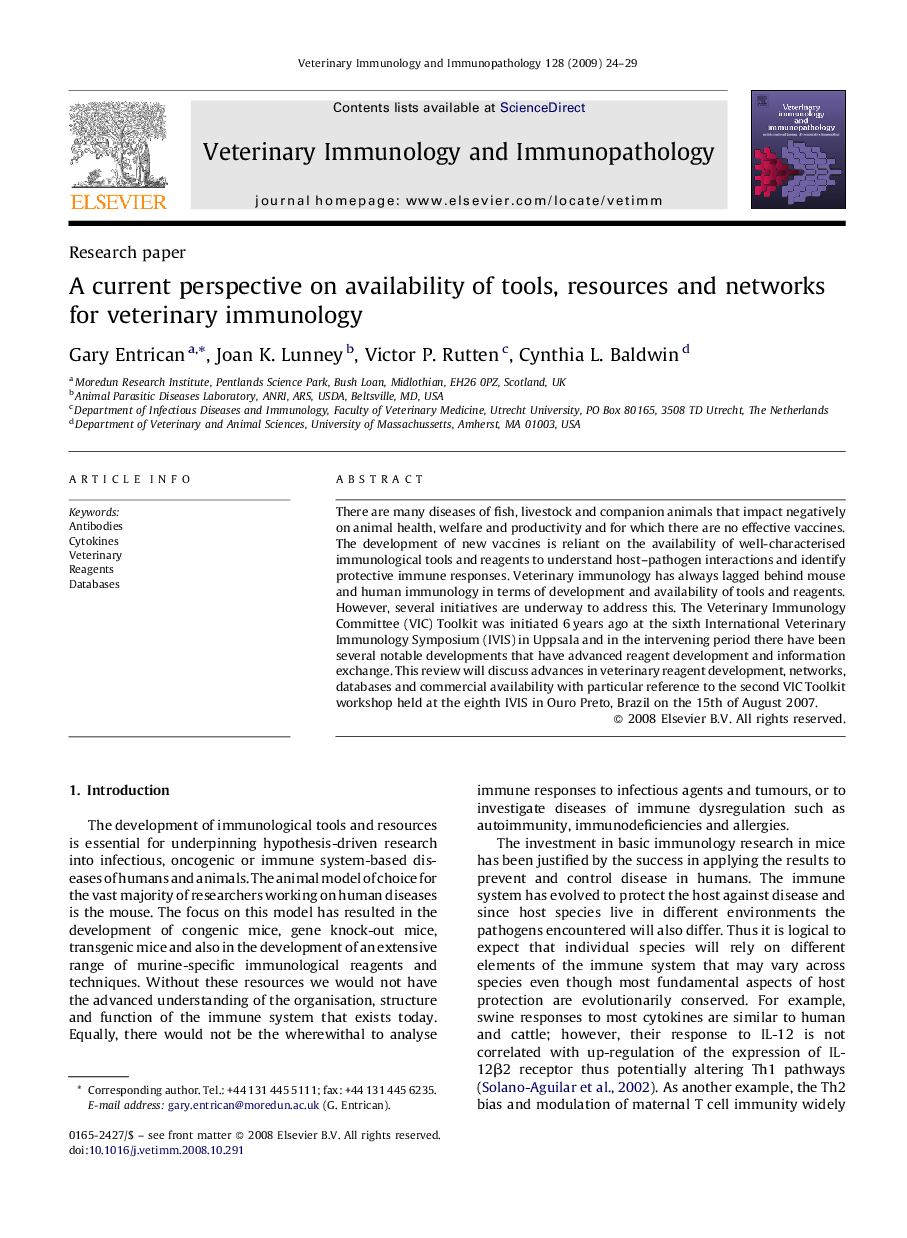 A current perspective on availability of tools, resources and networks for veterinary immunology