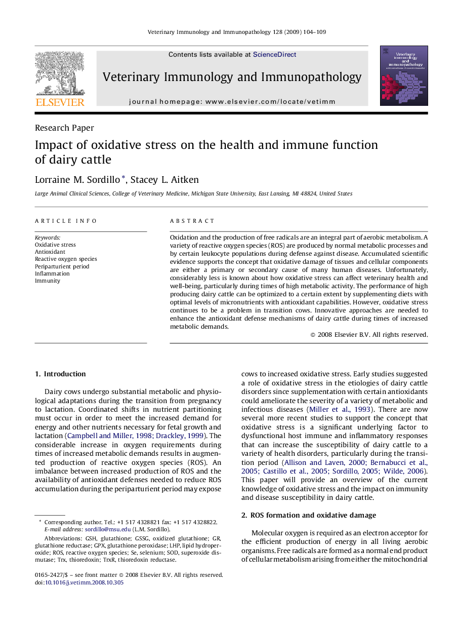 Impact of oxidative stress on the health and immune function of dairy cattle