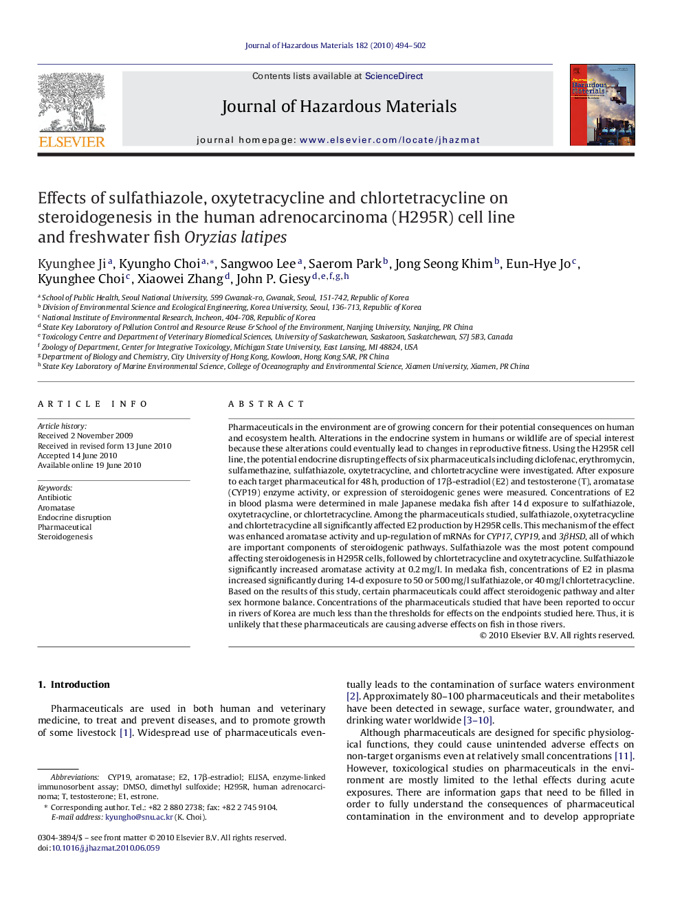 Effects of sulfathiazole, oxytetracycline and chlortetracycline on steroidogenesis in the human adrenocarcinoma (H295R) cell line and freshwater fish Oryzias latipes