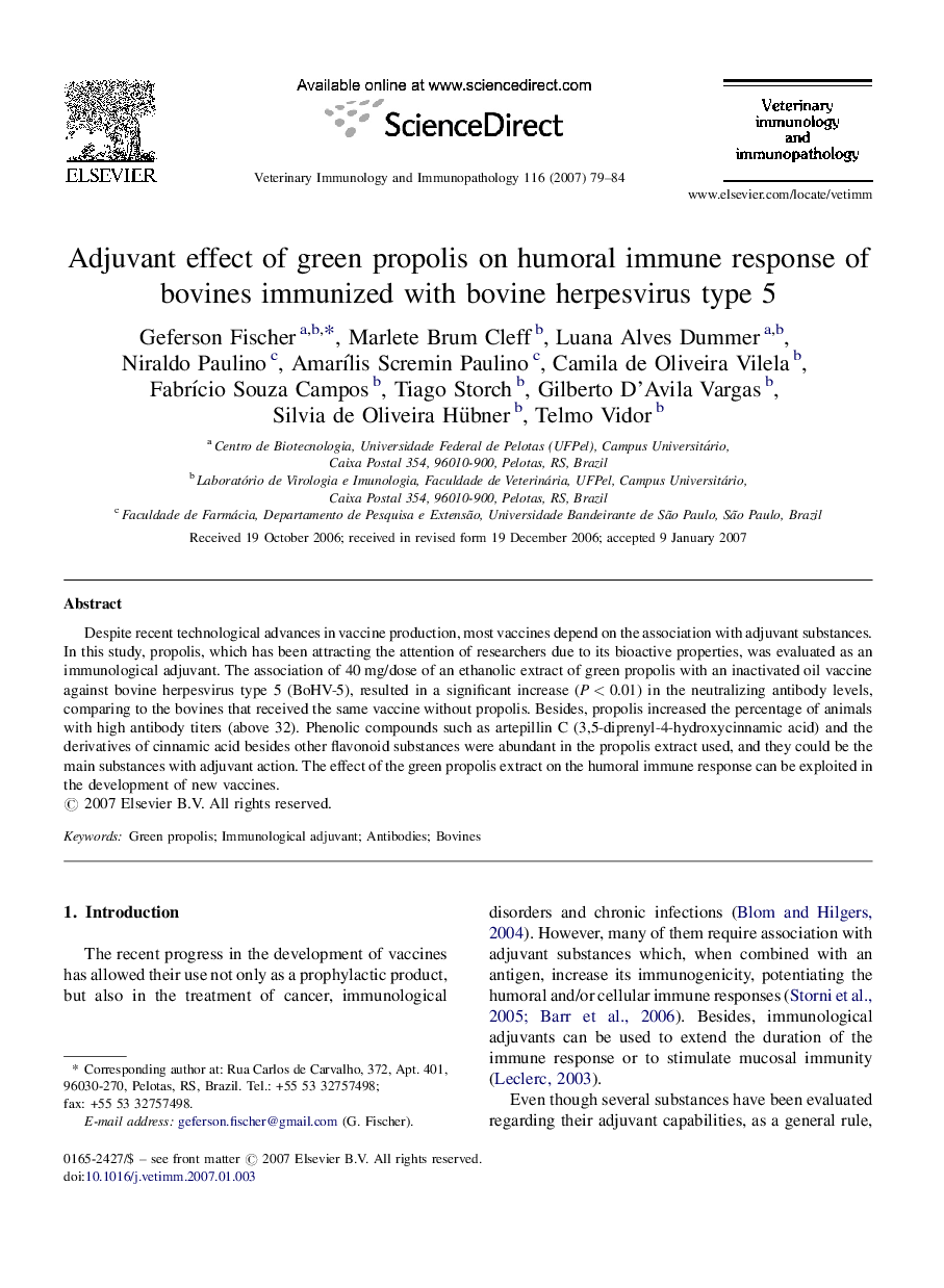 Adjuvant effect of green propolis on humoral immune response of bovines immunized with bovine herpesvirus type 5