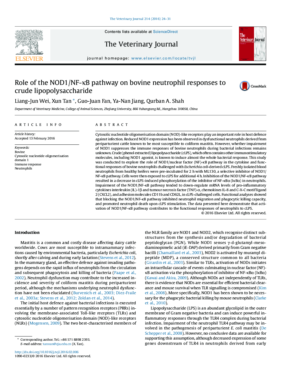 Role of the NOD1/NF-ÎºB pathway on bovine neutrophil responses to crude lipopolysaccharide