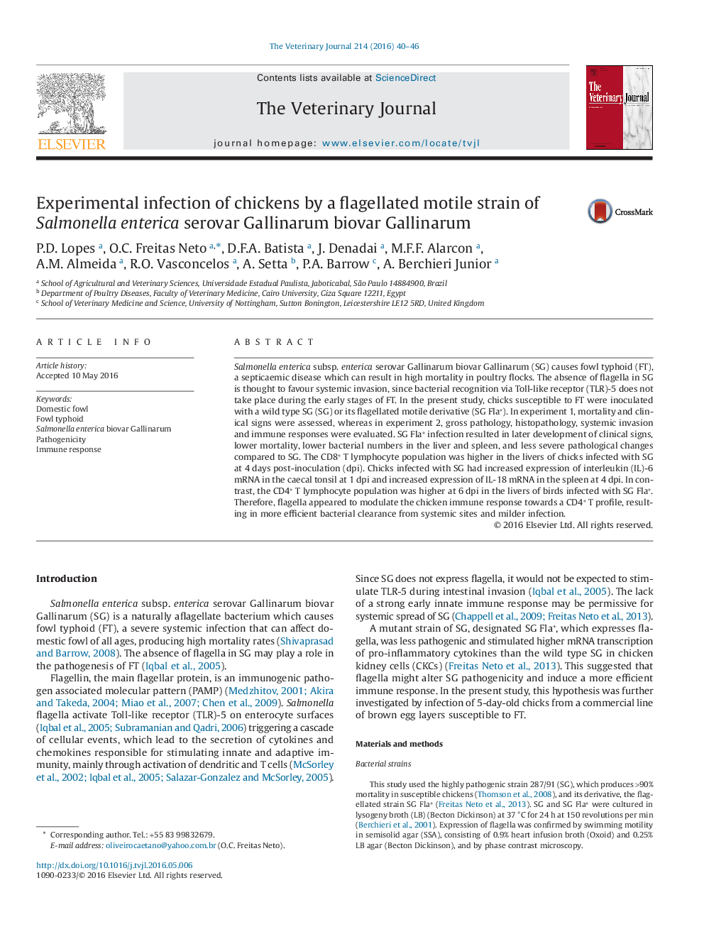 Experimental infection of chickens by a flagellated motile strain of Salmonella enterica serovar Gallinarum biovar Gallinarum